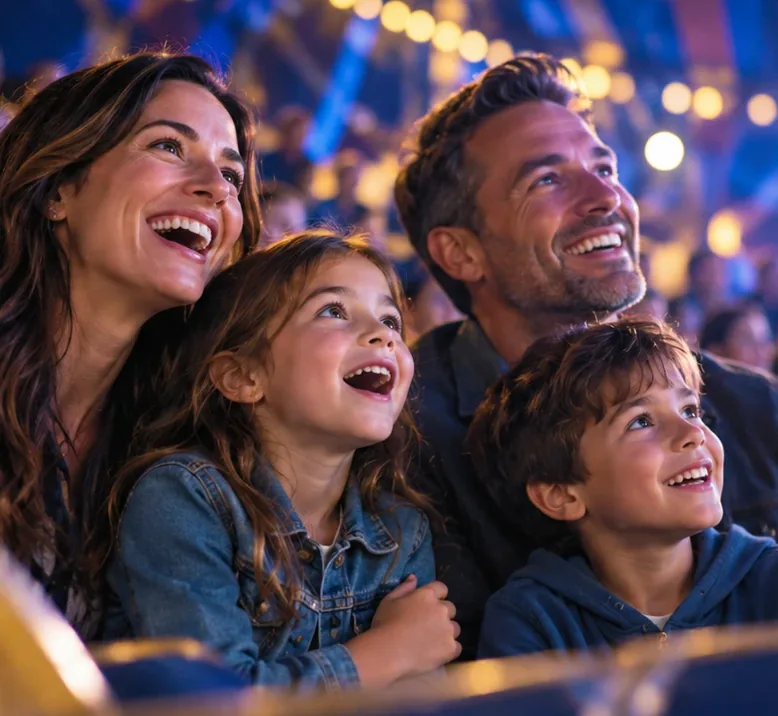 A family smiling and looking up in amazement at the circus