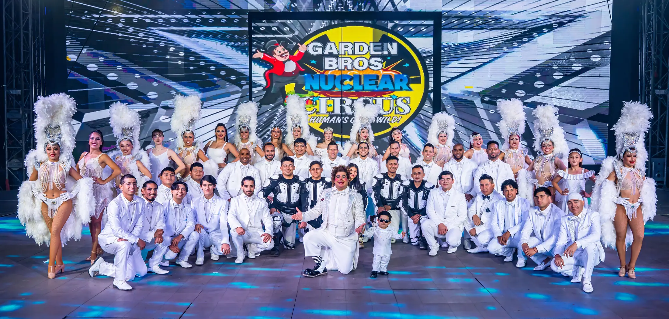 The Garden Bros Nuclear Circus cast on stage